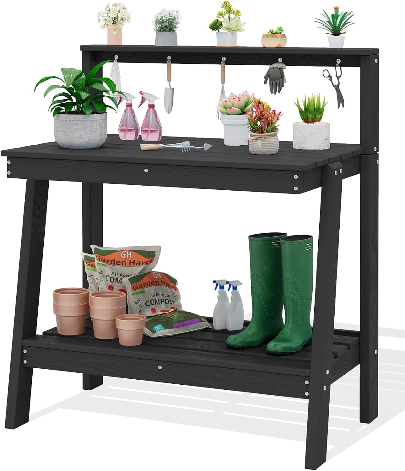 Gardening Tools And Uses - โต๊ะปลูกต้นไม้กลางแจ้งแบบ 3 ชั้นพร้อมที่เก็บของ โครงสร้าง HDPE กันน้ำ