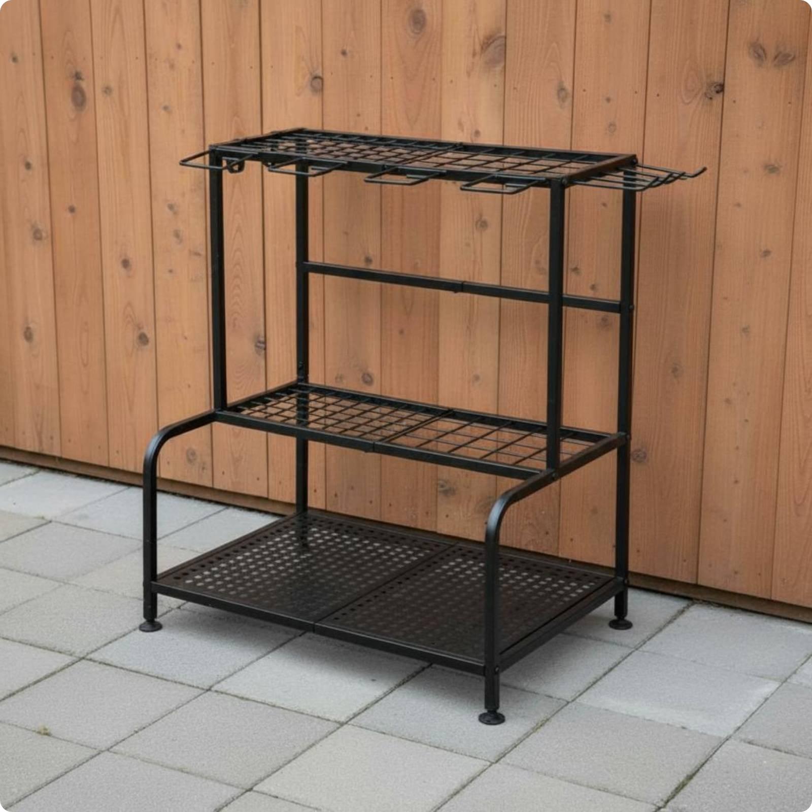Gardening Tools Storage - ชั้นวางเครื่องมือทำสวนโลหะ ขาปรับระดับได้ ชั้นวางเก็บของในสวน ดีไซน์ป้องกันการล้ม ชั้นวางเครื่องมือหลายชั้นสำหรับลานบ้านและโรงเก็บของ