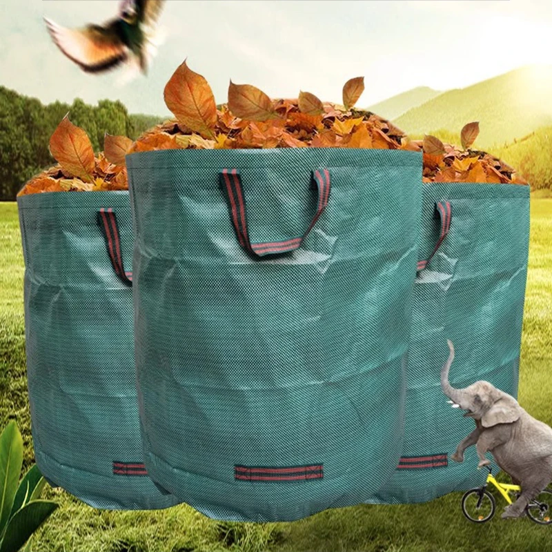Grow Bags - ถุงเก็บใบไม้ในสวนขนาดใหญ่ สำหรับเก็บกิ่งไม้และใบไม้ร่วง สีเขียวเข้ม ผลิตจากพลาสติก PP ทอ
