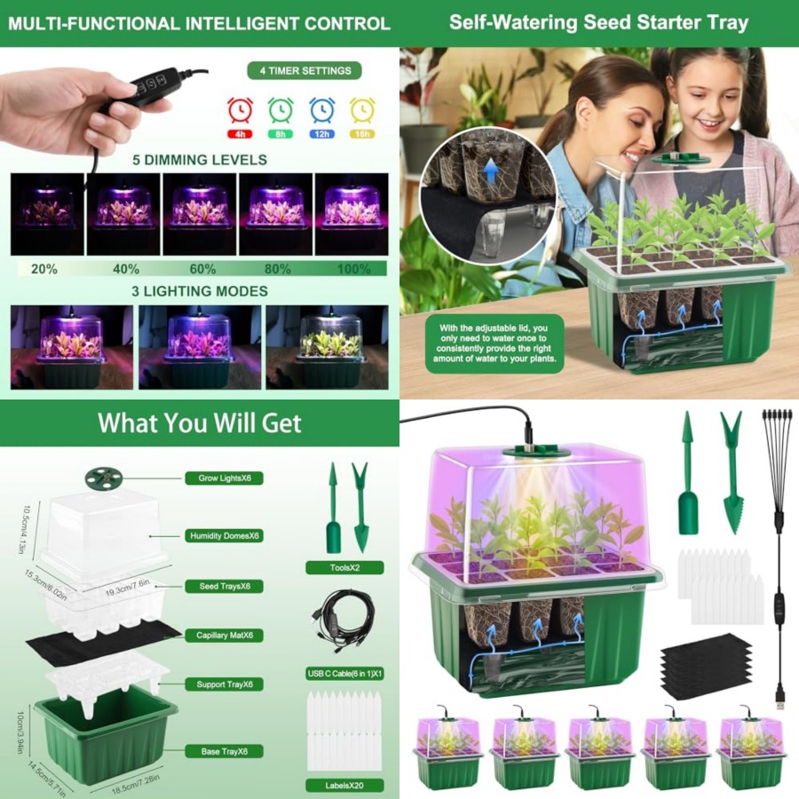 Seed Starter Trays - ถาดเพาะเมล็ดพร้อมไฟ 6 ชุด ชุดเริ่มต้นปลูกต้นกล้าพร้อมโดมควบคุมความชื้น ฐานรองในร่ม โรงเรือนขนาดเล็ก