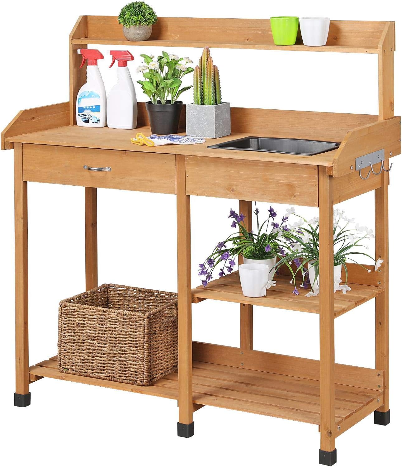 Gardening Tools Storage - โต๊ะปลูกต้นไม้พร้อมอ่างล้างมือและลิ้นชัก, โต๊ะทำสวนกลางแจ้ง, ไม้ | โต๊ะปลูกต้นไม้ทำจากไม้เฟอร์ รับน้ำหนักได้