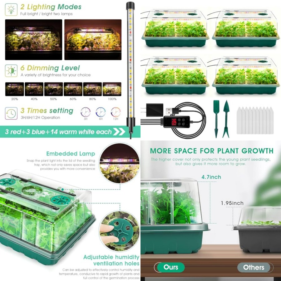 Seed Starter Trays - ถาดเพาะเมล็ดพร้อมไฟปลูก, ชุดเพาะเมล็ด 192 ช่อง, ถาดเพาะต้นกล้าพร้อมโดมควบคุมความชื้น, ตัวตั้งเวลาอัตโนมัติ,