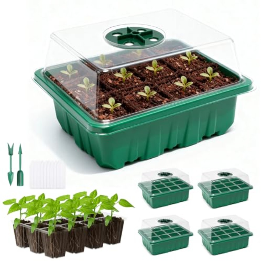 Seed Starter Trays - ถาดเพาะเมล็ด 5 แพ็คพร้อมโดมควบคุมความชื้น, ชุดเริ่มต้นเพาะเมล็ดพร้อมฐานรูระบายน้ำแบบโปร่งใส โรงเรือนขนาดเล็กในร่มสำหรับเพาะพันธุ์