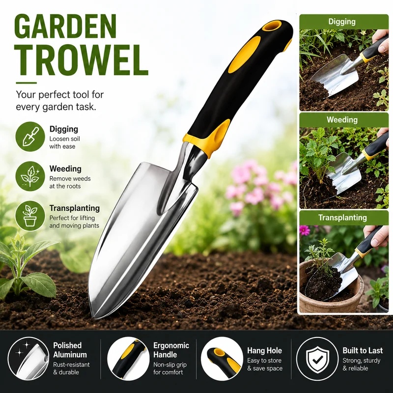 Gardening Tools Trowel - พลั่วตักดินสแตนเลสสำหรับงานหนัก ด้ามจับกันลื่น ใช้สำหรับขุดดิน กำจัดวัชพืช ย้ายปลูก และดูแลต้นไม้