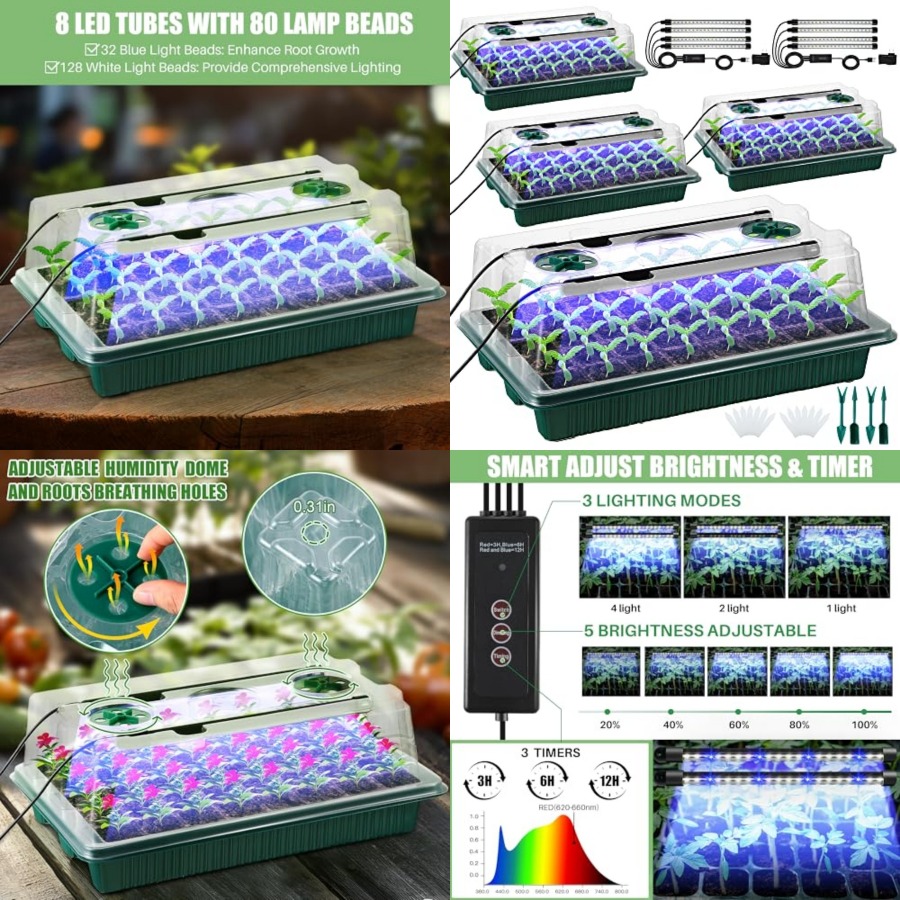 Seed Starter Trays - ชุดถาดเพาะเมล็ดพร้อมไฟปลูกพืช, ชุดเริ่มต้นการเพาะเมล็ดในร่ม 80 ช่องพร้อมโดมควบคุมความชื้น, 360 °