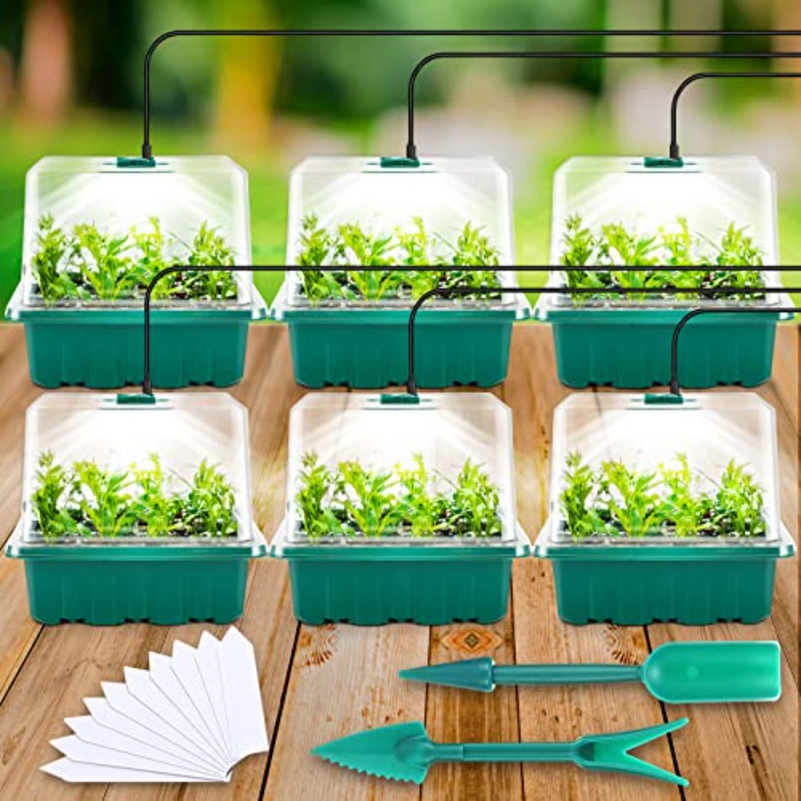 Seed Starter Trays - ถาดเพาะเมล็ดพร้อมไฟ, ชุดอุปกรณ์เพาะเมล็ด 6 ชิ้นพร้อมไฟปลูก, ถาดเพาะต้นกล้าพร้อมโดมควบคุมความชื้น, ฝาครอบปรับระดับความสูงได้